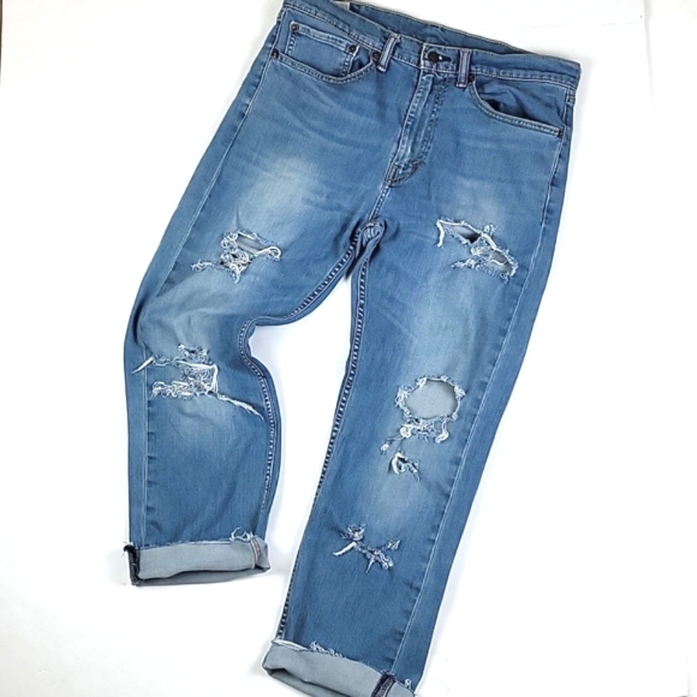 Levi's 505 Classic Straight Leg Light Wash Distressed Ripped Stretch Jean